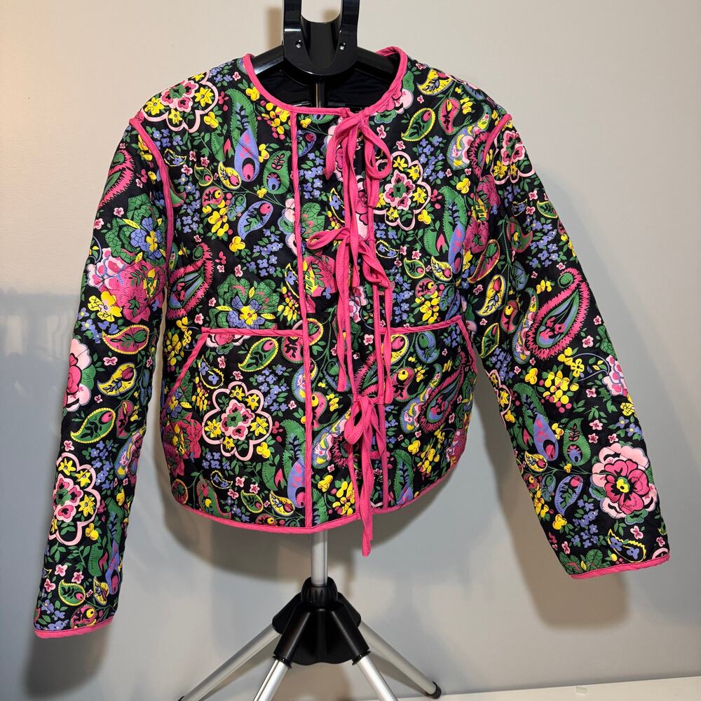Vibrant Floral Quilted Jacket – Unbranded Boho Paisley Print w/Pink Trim Size XL